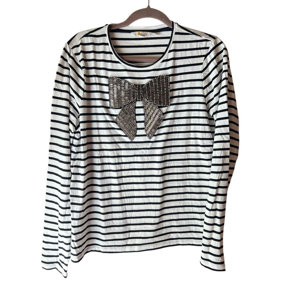 Boden Imogen  Breton top with embellished bow size 10 bling shiny holiday